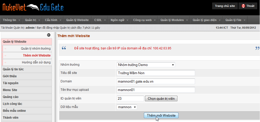 Điền thông tin tạo site mới