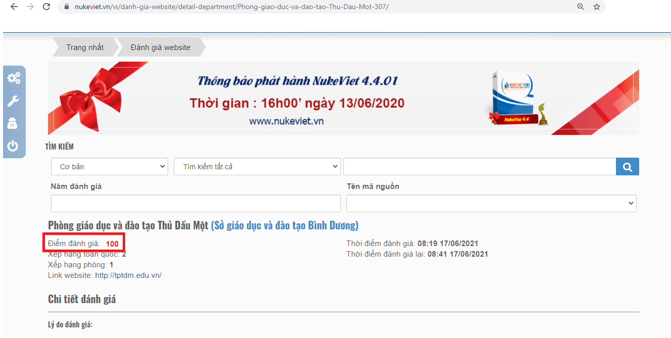 Điểm đánh giá Cổng thông tin điện tử Phòng Giáo dục Thủ Dầu Một