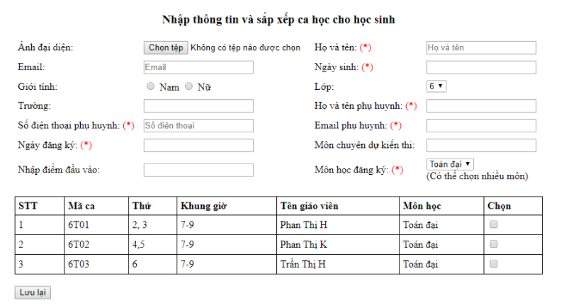 Nhập thông tin cá nhân học sinh