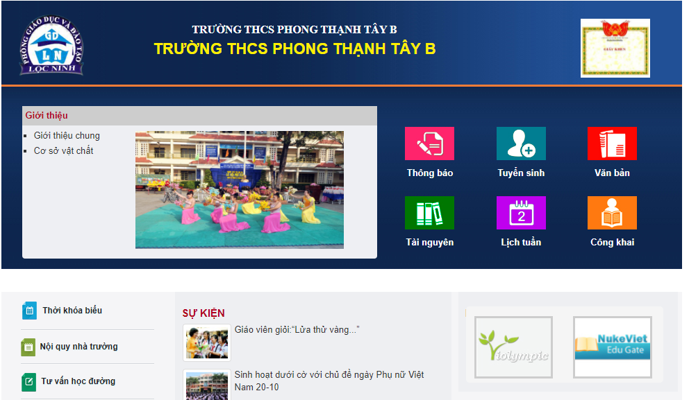 Giao diện website mẫu trường THCS Phong Thạnh Tây B