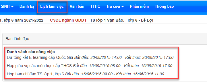 module lịch công tác
